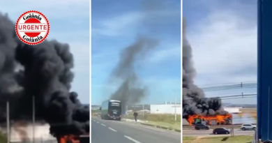 Ônibus com 16 passageiros pega fogo na BR-153 após pane mecânica e causa congestionamento de 5 km