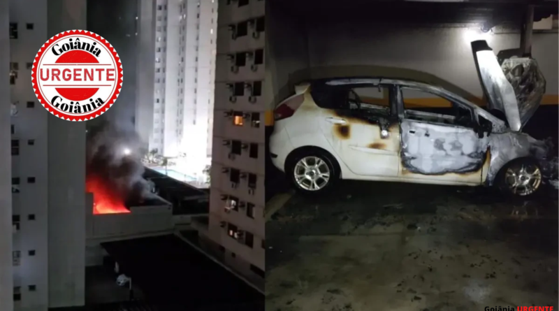 Carro pega fogo em garagem no térreo de edifício na Avenida T-36 e provoca apreensão em condomínio do Setor Bueno.