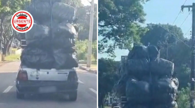 Registro em vídeo mostra veículo com carga acima do limite permitido em via urbana de Goiânia