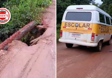 Transporte escolar atravessa ponte danificada e expõe alunos a risco, em Aragoiânia