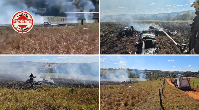 Avião cai e pega fogo em propriedade rural de Nerópolis; piloto é resgatado por helicóptero dos Bombeiros
