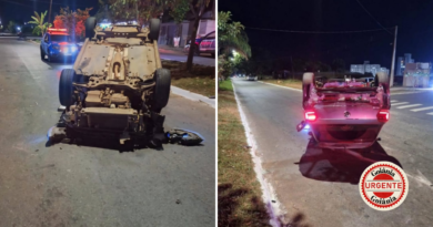 Motorista sem habilitação capota carro após atingir veículos estacionados e mobiliza polícia, em Aparecida de Goiânia