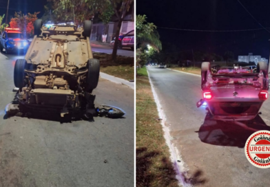 Motorista sem habilitação capota carro após atingir veículos estacionados e mobiliza polícia, em Aparecida de Goiânia