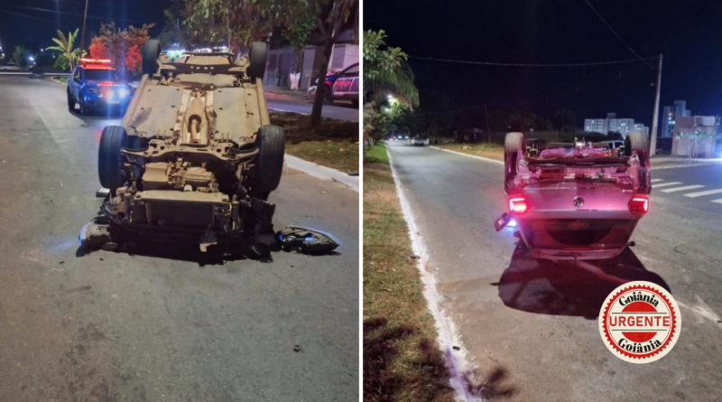 Motorista sem habilitação capota carro após atingir veículos estacionados e mobiliza polícia, em Aparecida de Goiânia