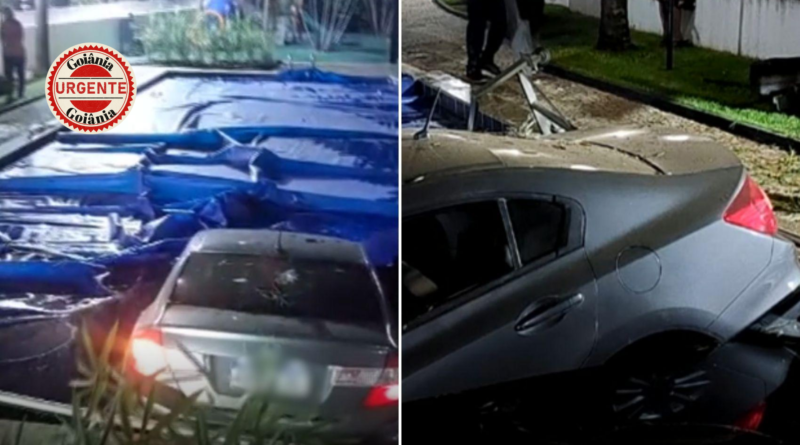 Motorista sem CNH perde controle, invade condomínio e carro termina dentro de piscina, em Goiânia
