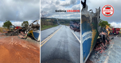 Carreta carregada com leite condensado pega fogo na GO-210, em Caldas Novas