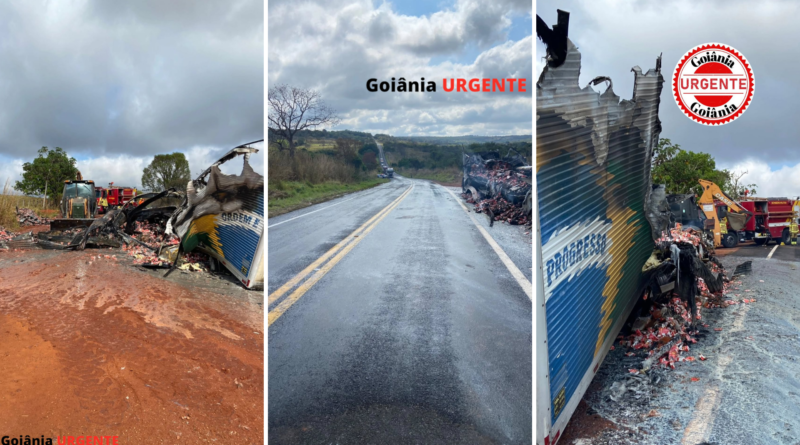 Carreta carregada com leite condensado pega fogo na GO-210, em Caldas Novas