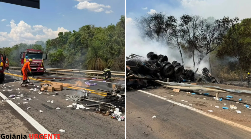Veículo de grande porte pega fogo após acidente na BR-153, em São Luiz do Norte